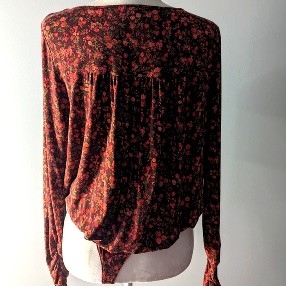 Free People Bodysuit Chocolate Combo Floral Kaya Long Sleeve Bodysuit Size XL - Picture 9 of 14